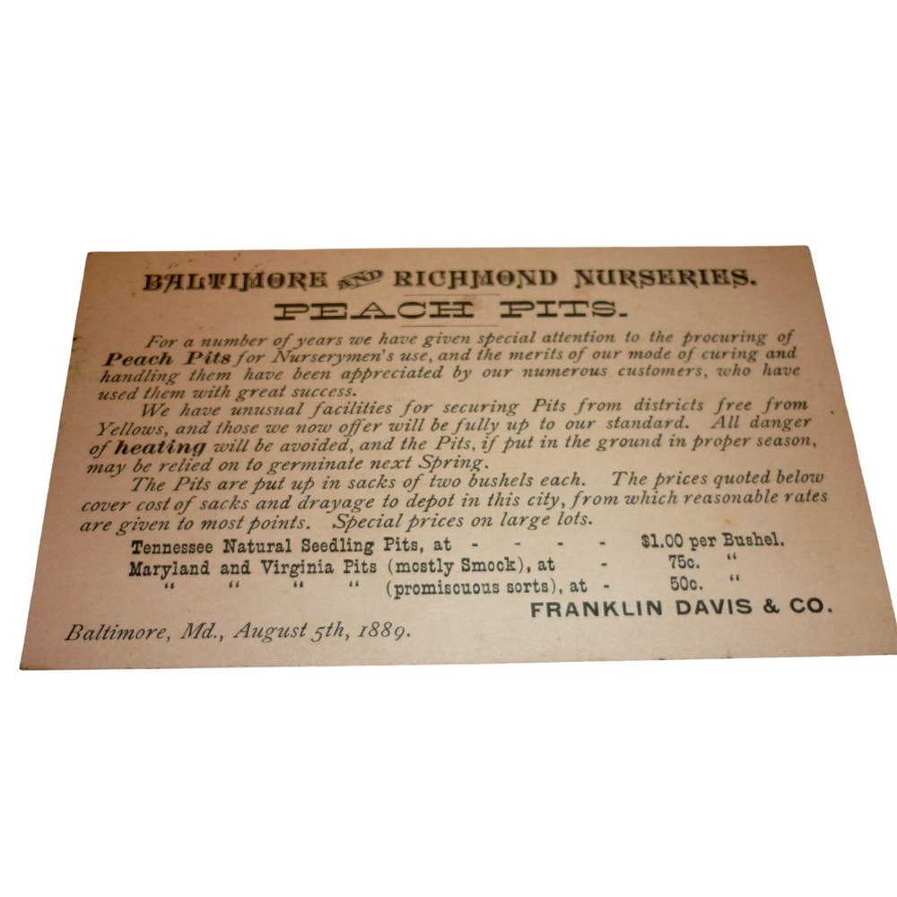 1889 Baltimore Richmond Nurseries Peach Pits Postal Card Franklin Davis & Co